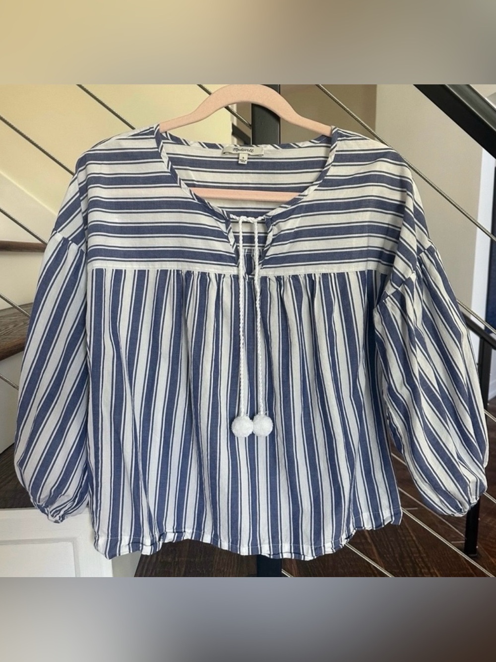 Madewell Striped Peasant Blouse TopShea Stripe Tassel Tie 100% Cotton | Size: S